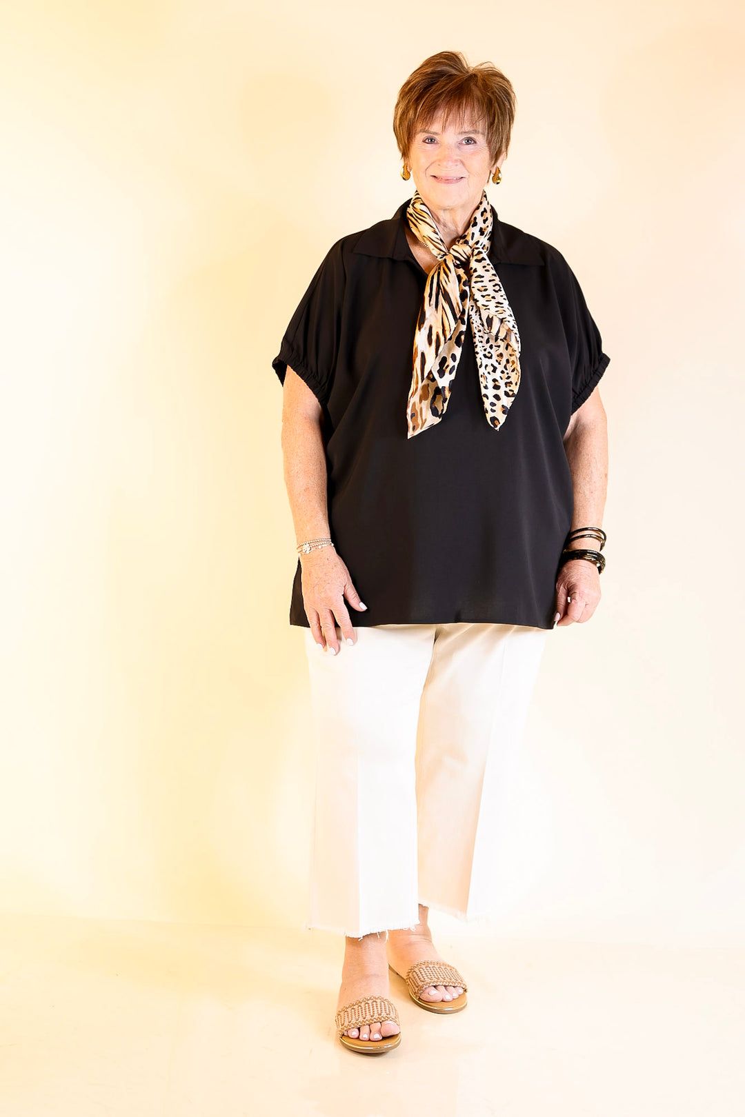 Fresh Start Collared V-Neck Blouse With Drop Shoulder in Black