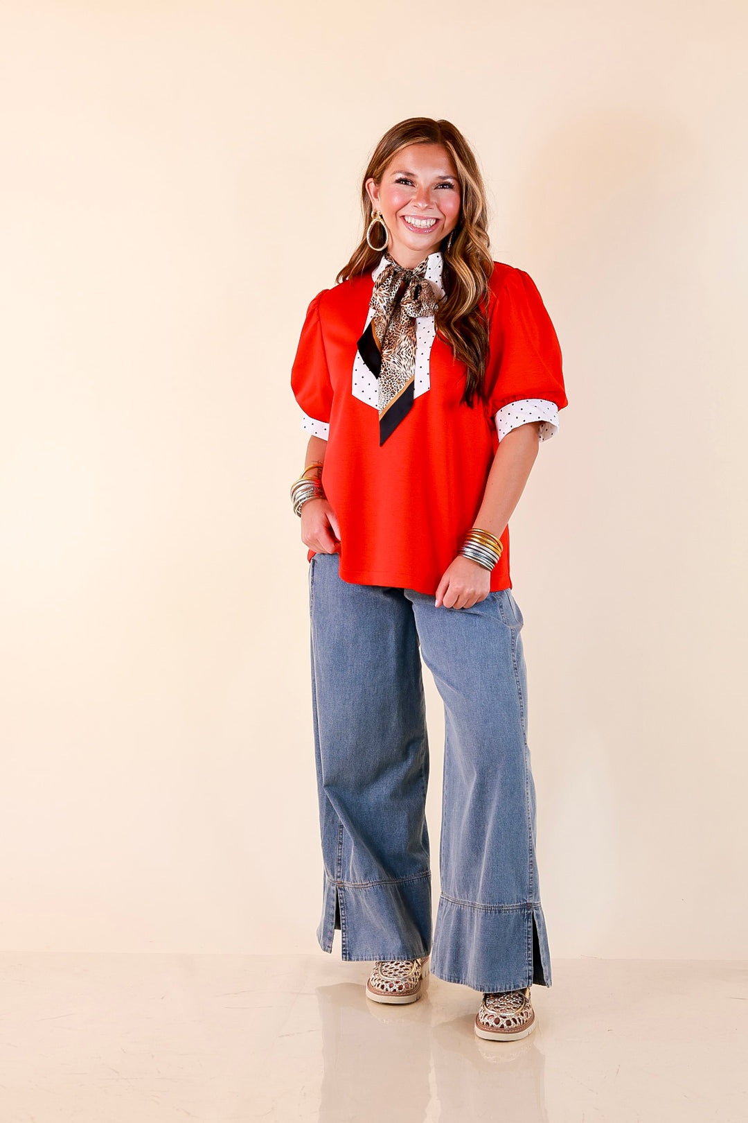 Confidently Yours Contrast Polka Dot Trim Puff Sleeve Top in Red
