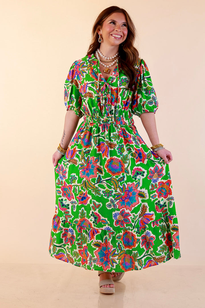 Color Me Happy Floral Print Midi Dress with Tie Neckline and Puff Sleeves in Green