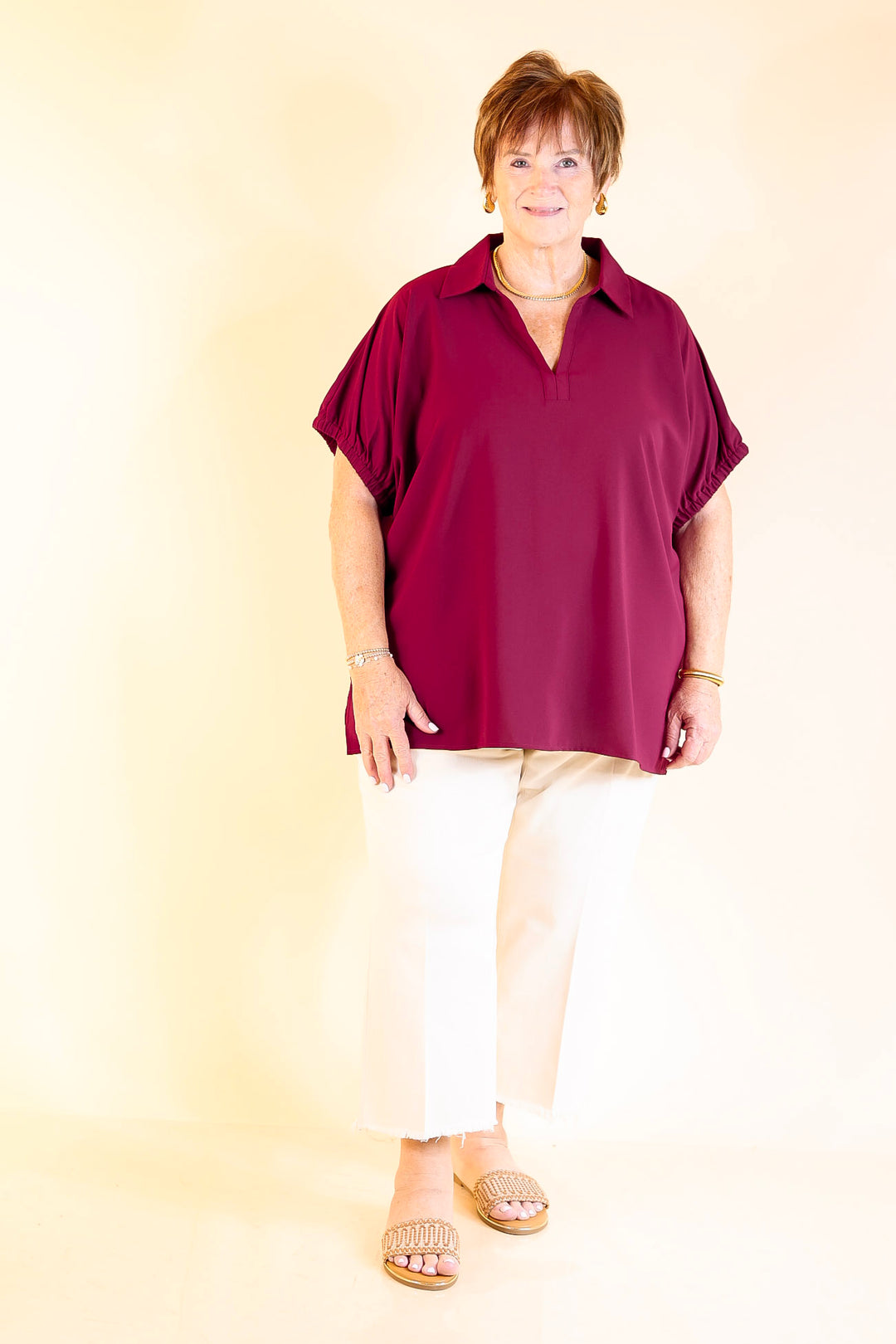 Fresh Start Collared V-Neck Blouse With Drop Shoulder in Maroon