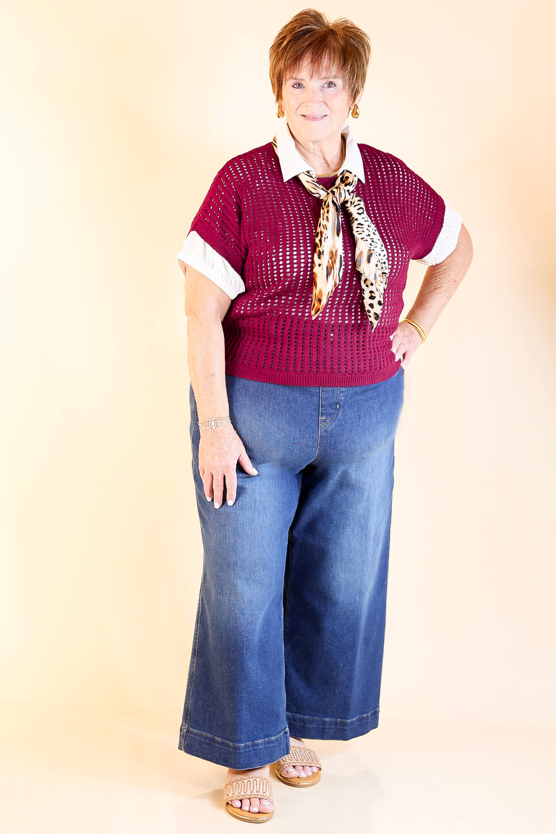 Breezy Intentions Open Knit Short Sleeve Sweater in Maroon