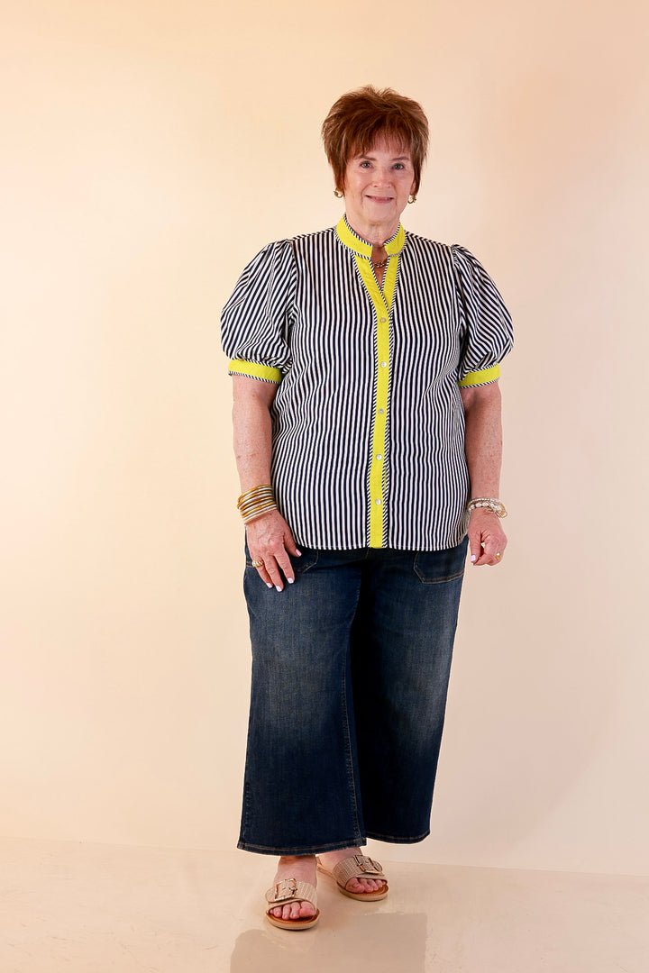 Pop of Polish Short Puff Sleeve Button Front Top with Contrast Trim in Navy Blue, White and Lime