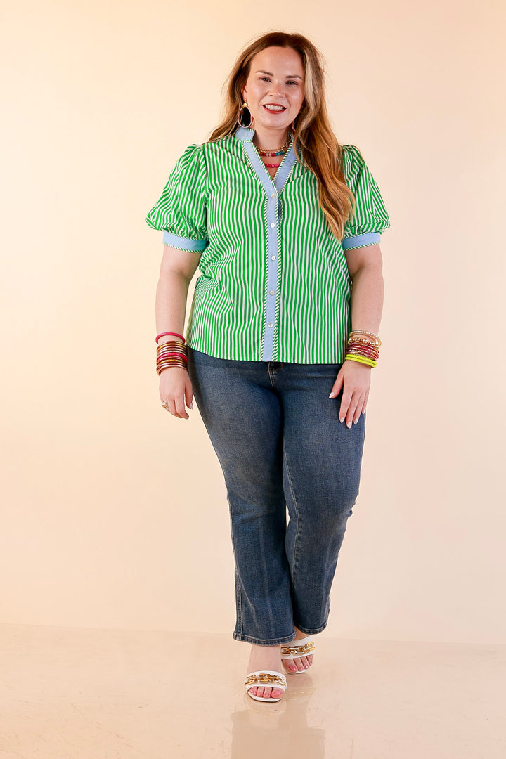Pop of Polish Short Puff Sleeve Button Front Top with Contrast Trim in Kelly Green, White and Sky Blue