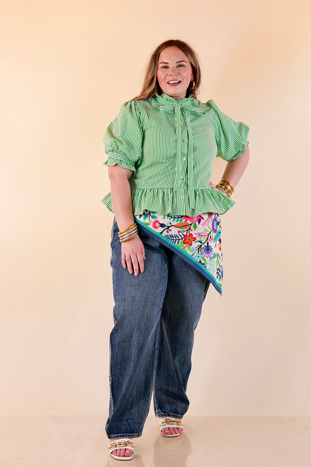 Tea Time Charm Tie Neck Puff Sleeve Peplum Button Front Stripe Blouse in Kelly Green