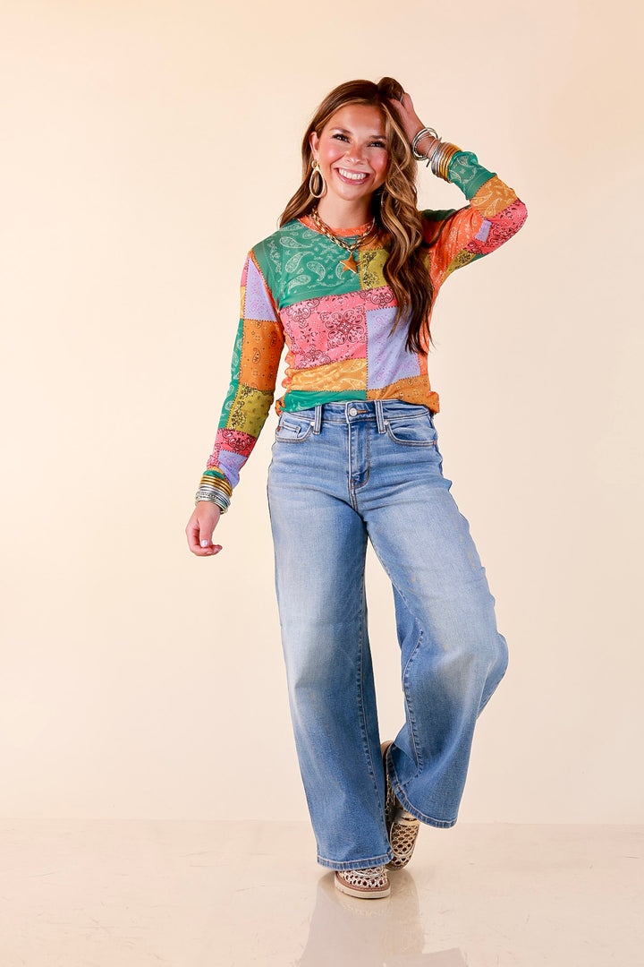 Western Dream Patchwork Paisley Bandana Print Sheer Mesh Long Sleeve Top in Multicolor