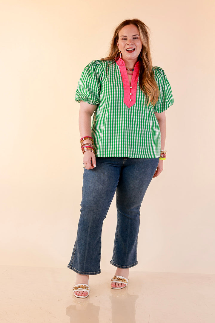 Polished &amp; Playful Short Puff Sleeve Gingham Top with Contrast Hot Pink Trim in Green and White