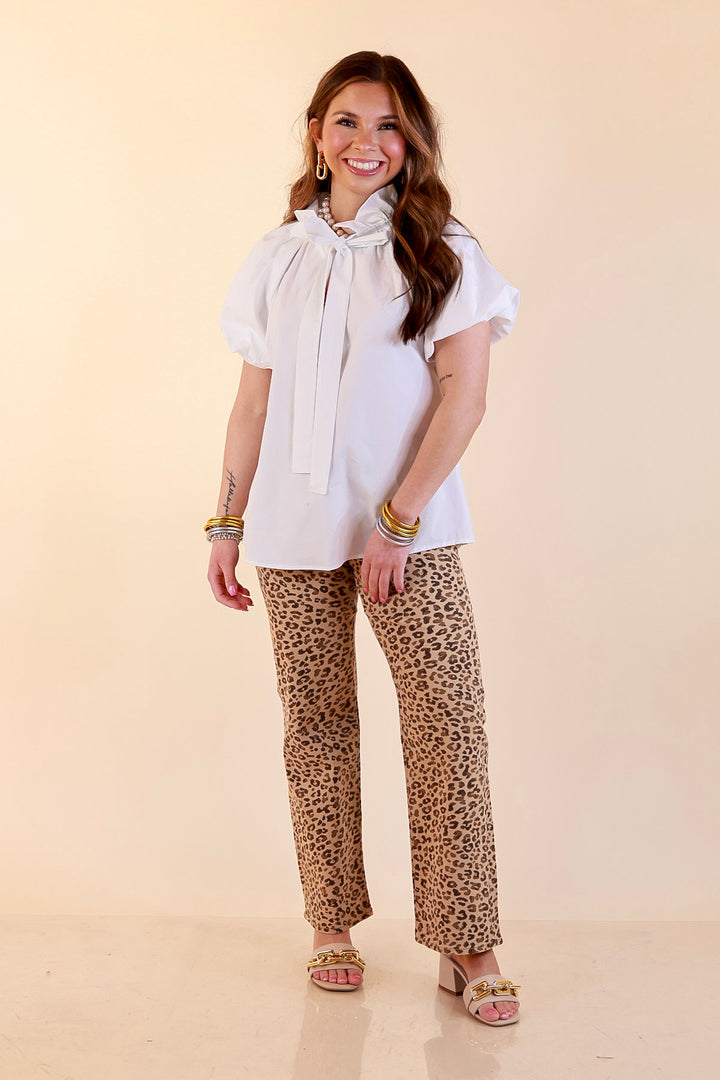 Make It Memorable Short Puff Sleeve Tie Neck Blouse with Gathered Neckline in White