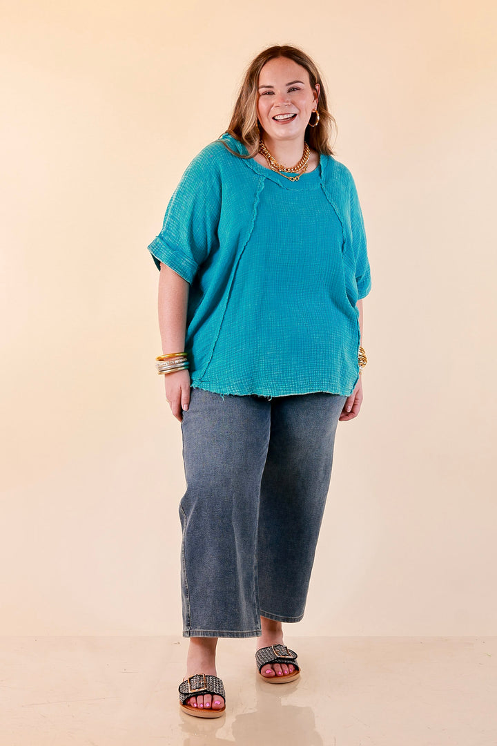 Everyday Ease Short Sleeve Linen Top with Raw Hem Edges in Turquoise Blue