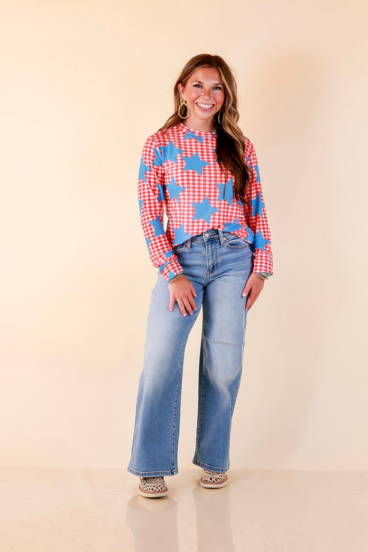 The Essential Layer Gingham and Star Print Sheer Mesh Long Sleeve Top in Red, White and Blue