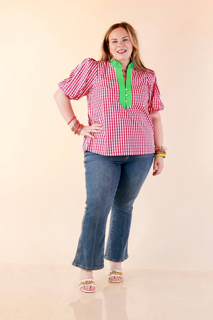 Polished &amp; Playful Short Puff Sleeve Gingham Top with Contrast Green Trim in Hot Pink and White
