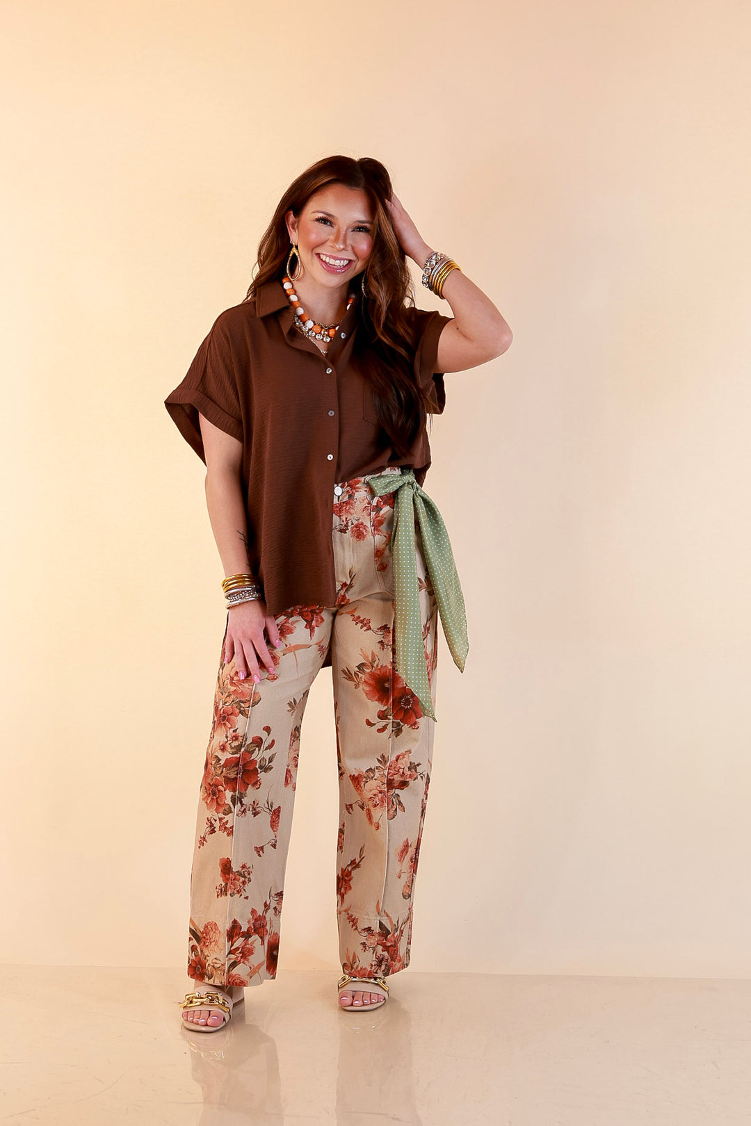 Made to Flourish Floral Print Wide Leg Denim Pants with Front Seam in Tan and Rust