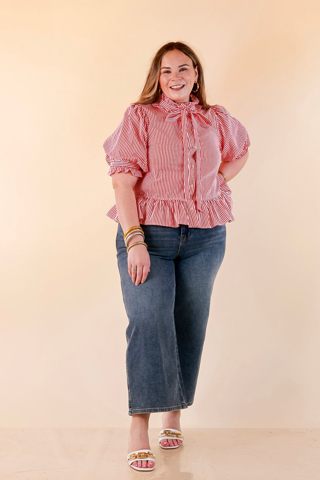 Tea Time Charm Tie Neck Puff Sleeve Peplum Button Front Stripe Blouse in Red