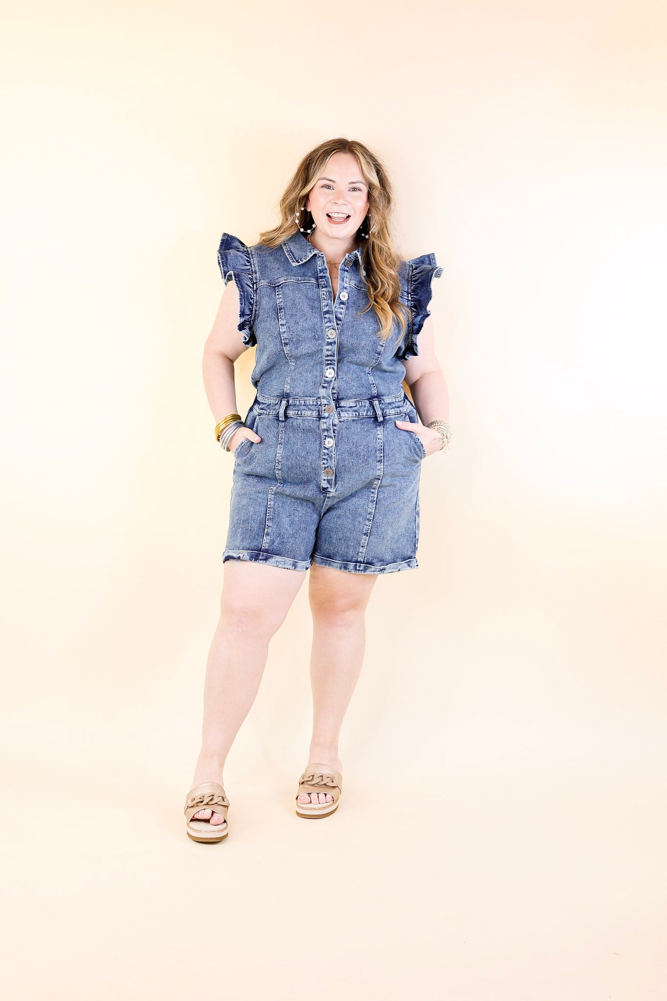 Feminine Flair Denim Romper with Ruffles and Collar in Medium Wash