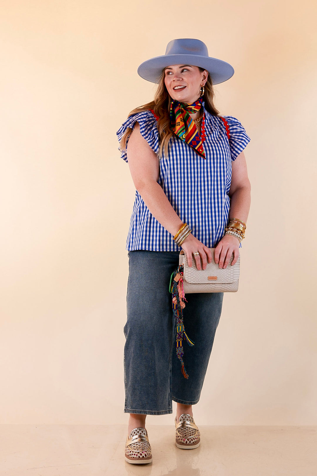 Sweet Tea Social Ruffle Sleeve Gingham Top with Ric Rac Trim in Royal Blue