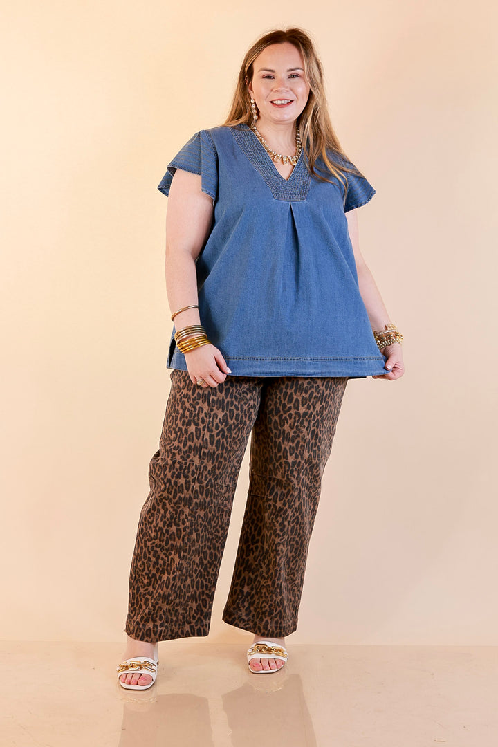Clean and Collected V Neck Denim Top with Stitch Detail and Drop Shoulder Cap Sleeve in Medium Wash