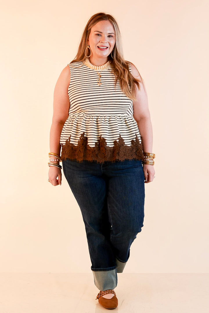 Sweet on Style Striped Peplum Sleeveless Tank Top with Lace Trim Detailing in Ivory and Chocolate Brown