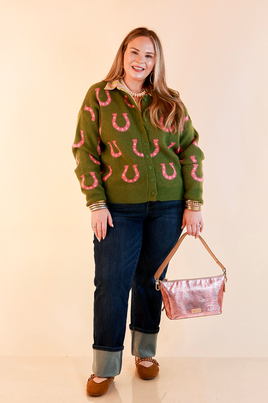 Lucky in Love Horseshoe Print Button Front Cardigan Sweater in Olive Green and Pink