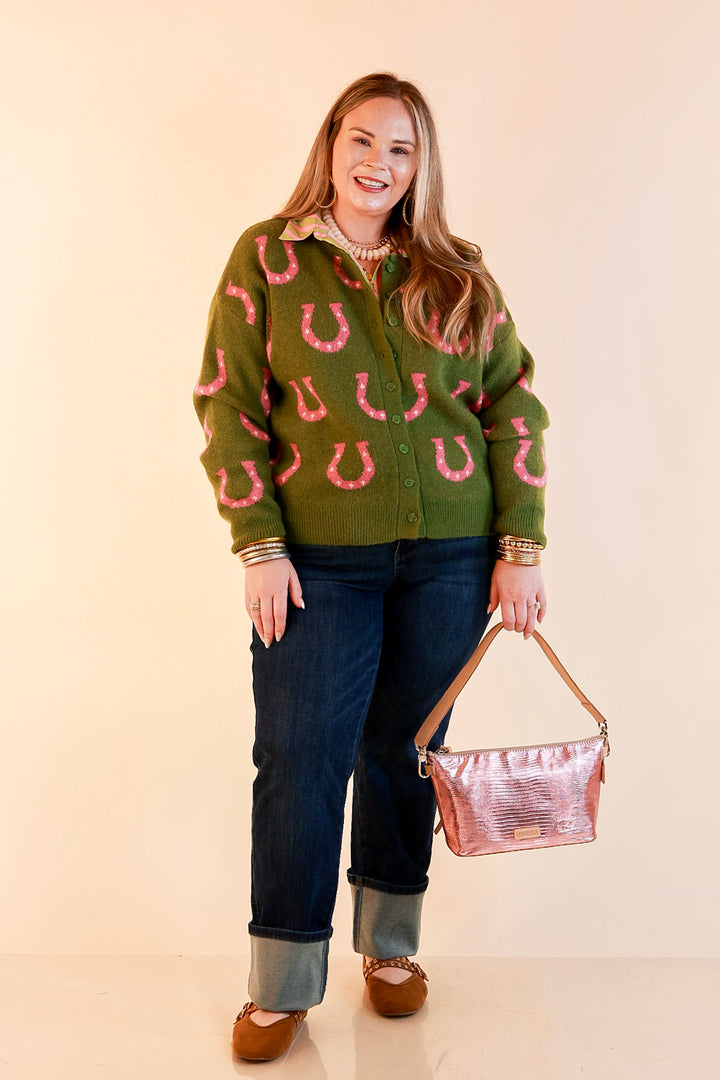 Lucky in Love Horseshoe Print Button Front Cardigan Sweater in Olive Green and Pink
