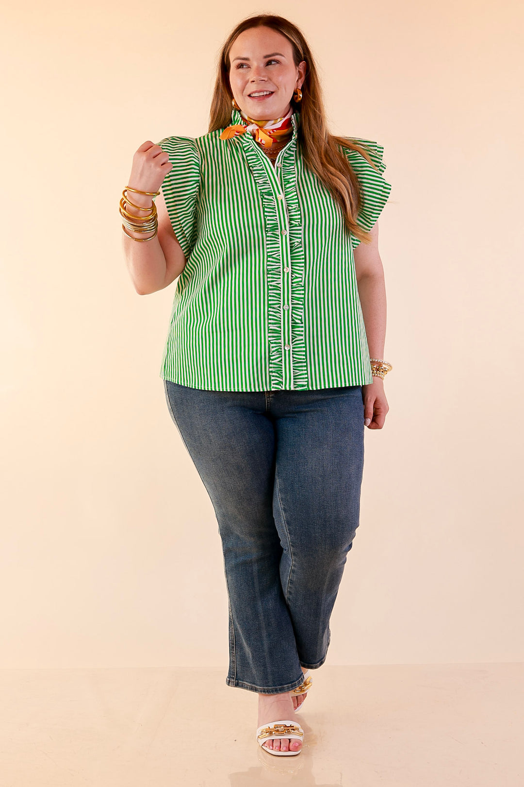 Polished Intentions Ruffle Short Sleeve Button Front Stripe Top in Green and White