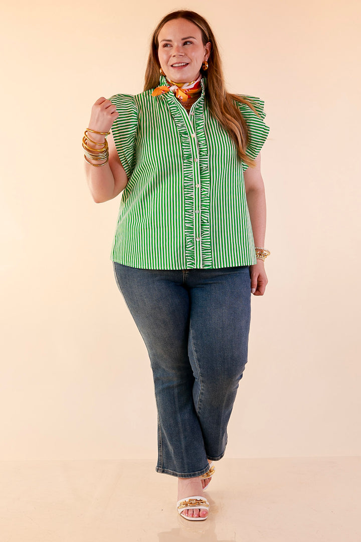 Polished Intentions Ruffle Short Sleeve Button Front Stripe Top in Green and White