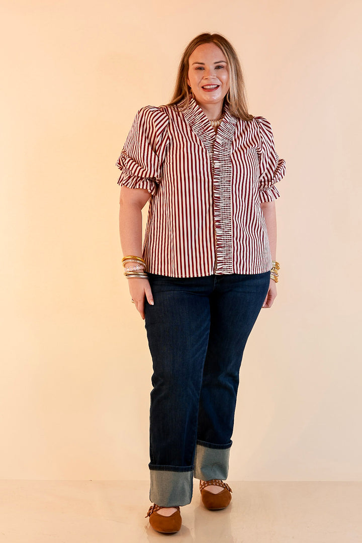 Made You Look Striped Ruffle Front and Sleeve Detailing with Puff Sleeves Blouse in Maroon and Ivory