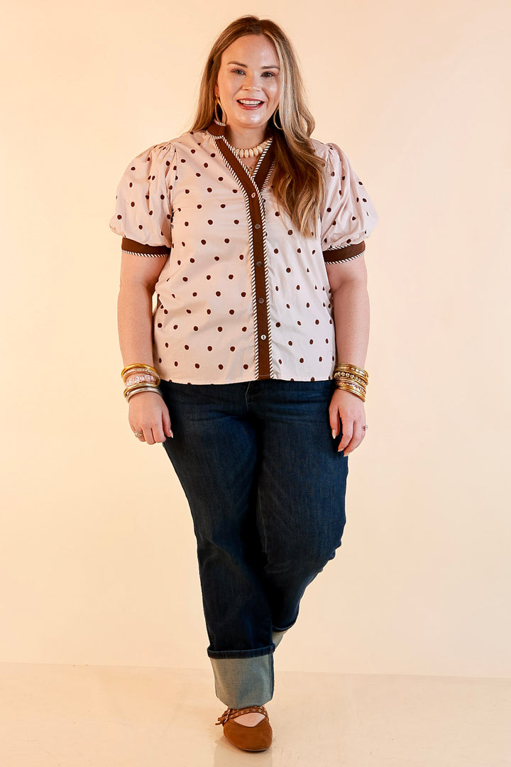 Pop of Polish Short Puff Sleeve Button Front Polka Dot Print Top with Contrast Trim in Ivory and Chocolate Brown