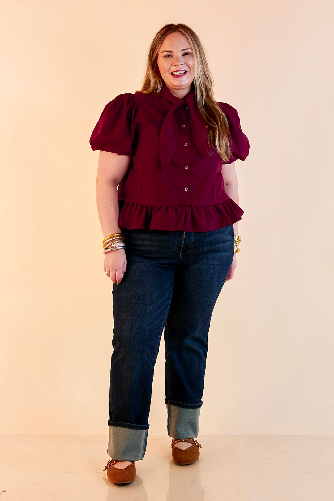 Present Company Solid Button Down Peplum Bubble Sleeve Tie Collar Top in Maroon