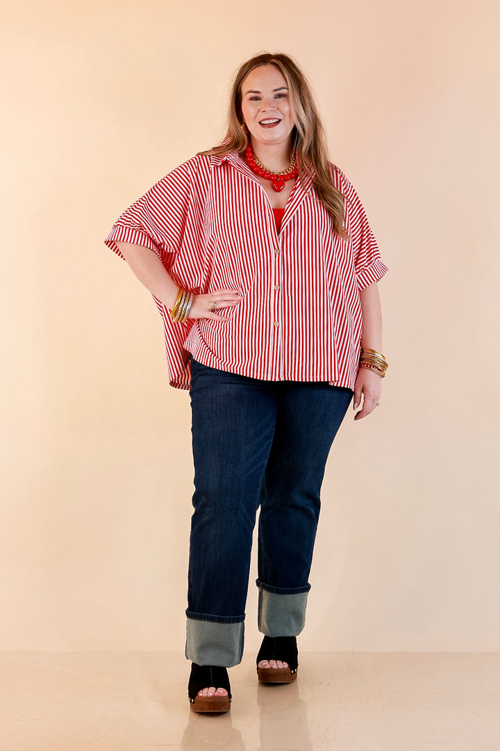 Perfectly Aligned Button Down Collared Top with Vertical Ivory Stripe Detail in Red