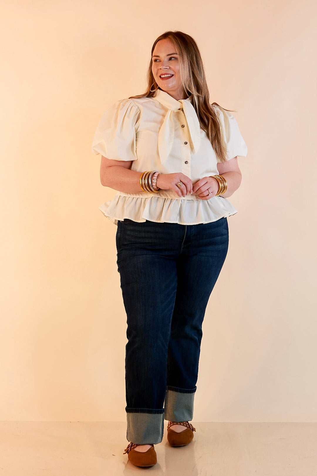 Present Company Solid Button Down Peplum Bubble Sleeve Tie Collar Top in Ivory
