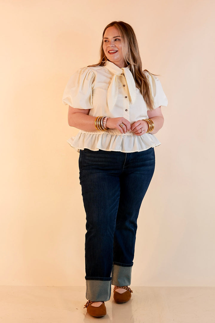 Present Company Solid Button Down Peplum Bubble Sleeve Tie Collar Top in Ivory