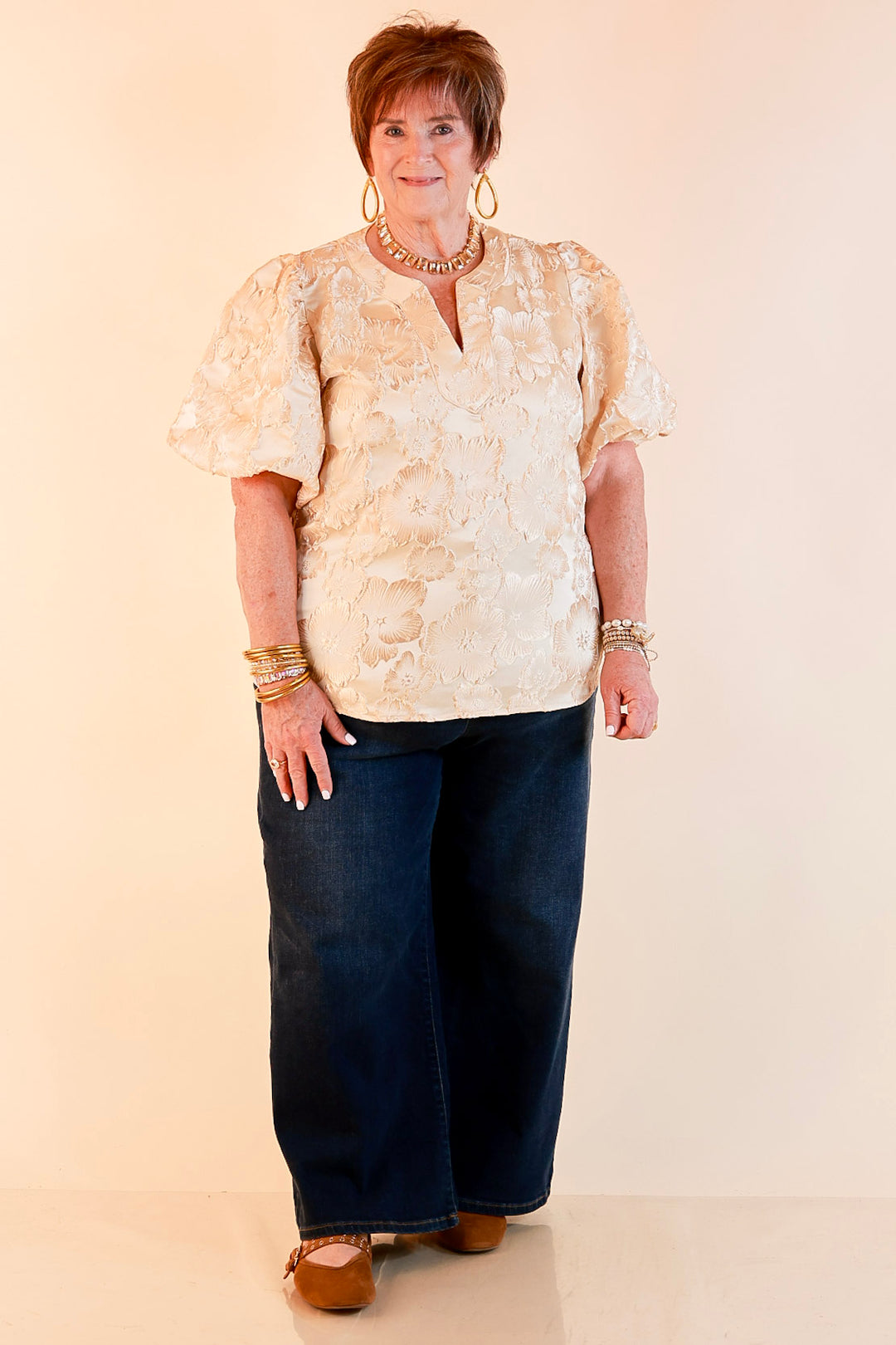 Pretty in Practice Textured Floral Print Puff Sleeve Blouse in Champagne Ivory