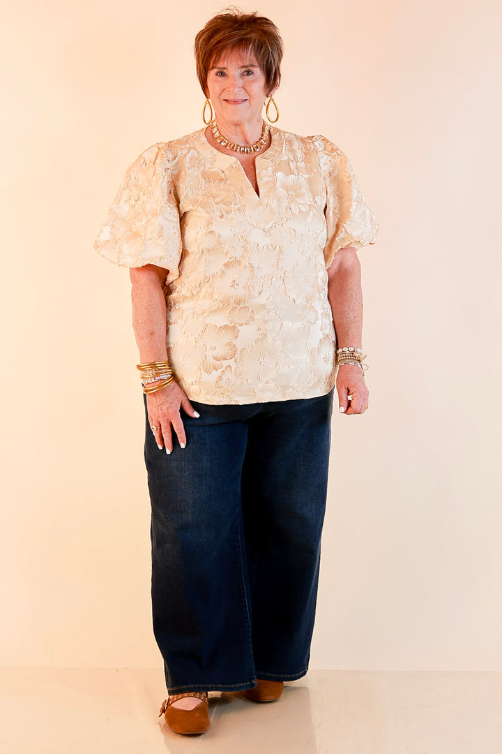 Pretty in Practice Textured Floral Print Puff Sleeve Blouse in Champagne Ivory