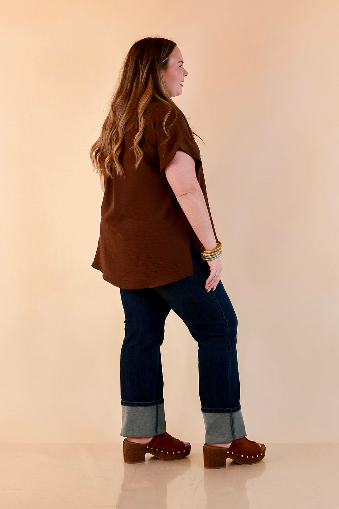 Timeless Appeal Woven Airflow Button Front Top with Rolled Cuff Short Sleeves and Front Pocket in Chocolate Brown