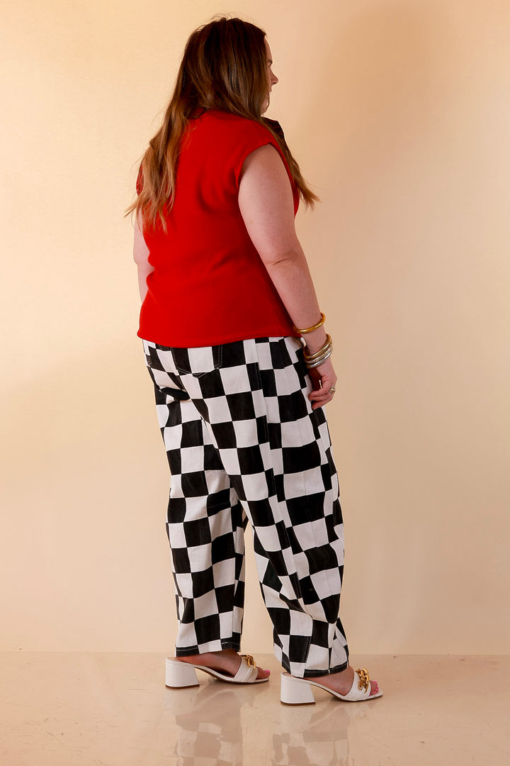 Check Me Out Wide Leg Checkered Print Barrel Denim Jean in Black