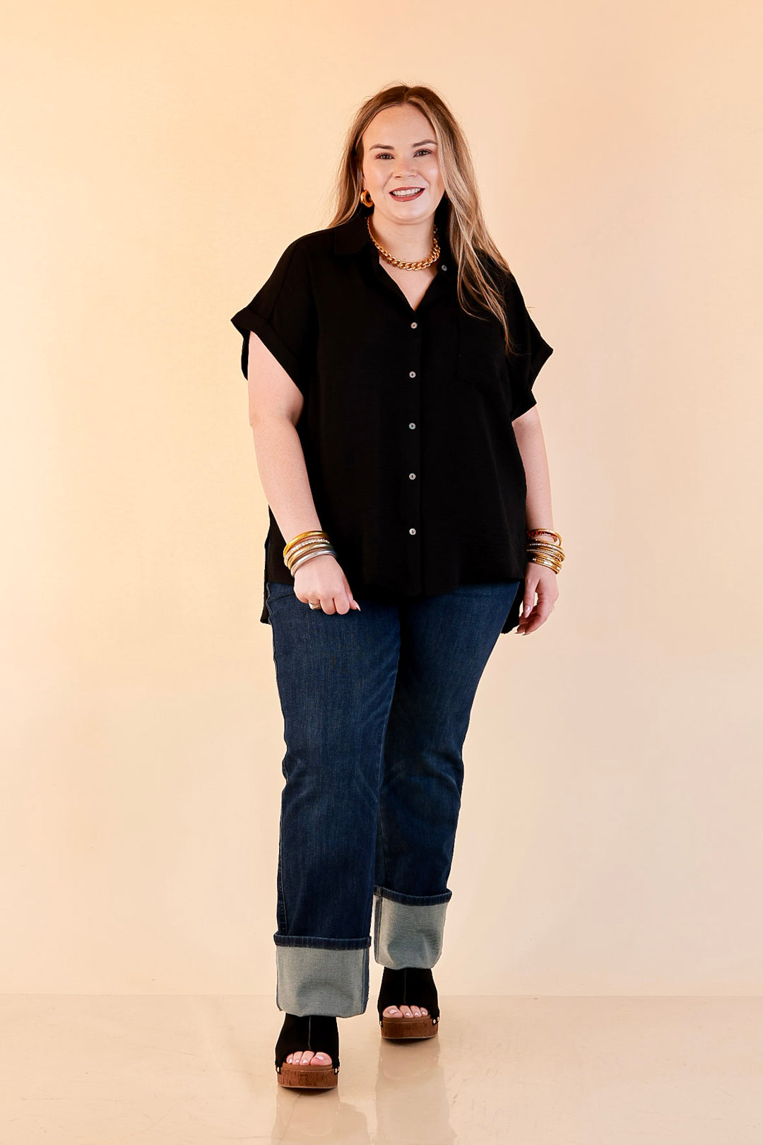 Timeless Appeal Woven Airflow Button Front Top with Rolled Cuff Short Sleeves and Front Pocket in Black