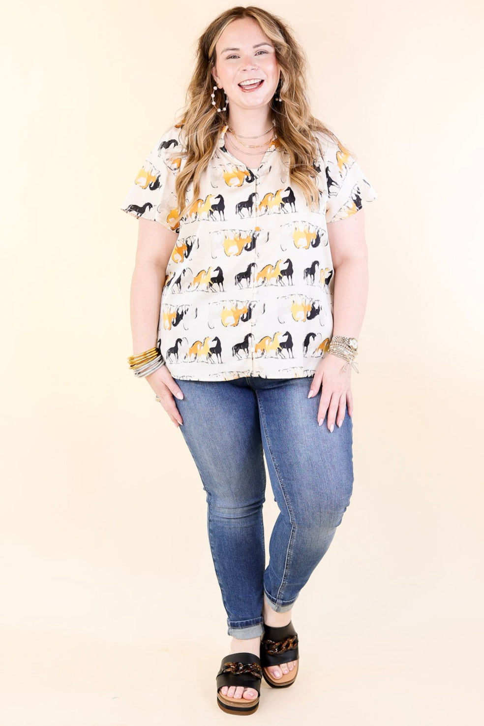 Away We Go Button Up Horse Print Shirt in Ivory