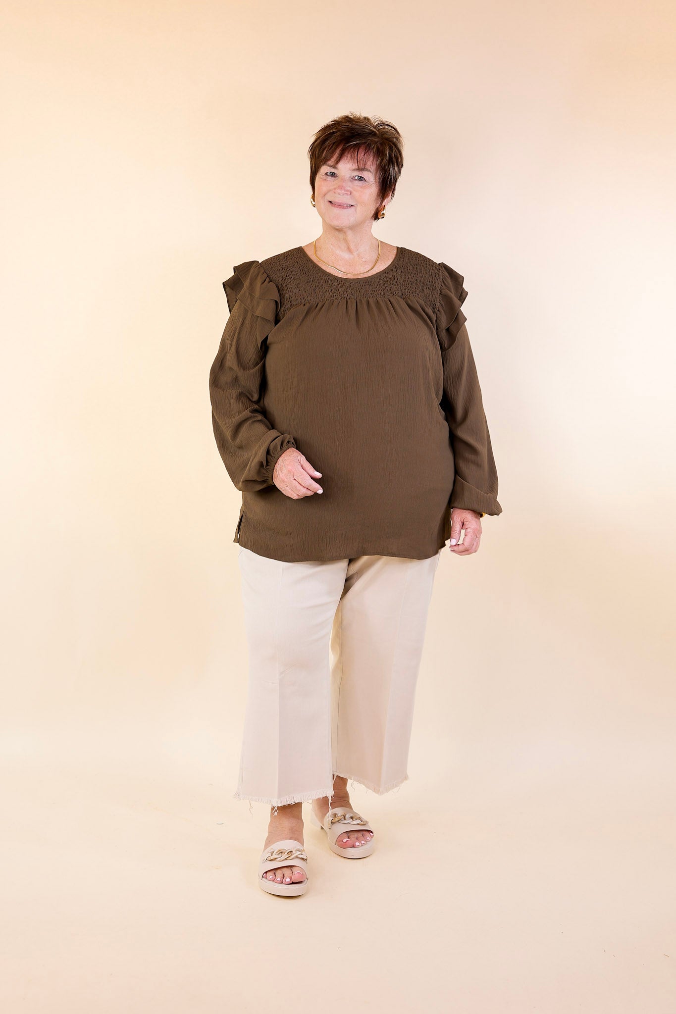 Balcony Nights Ruffle Shoulder Long Sleeve Blouse in Olive Brown