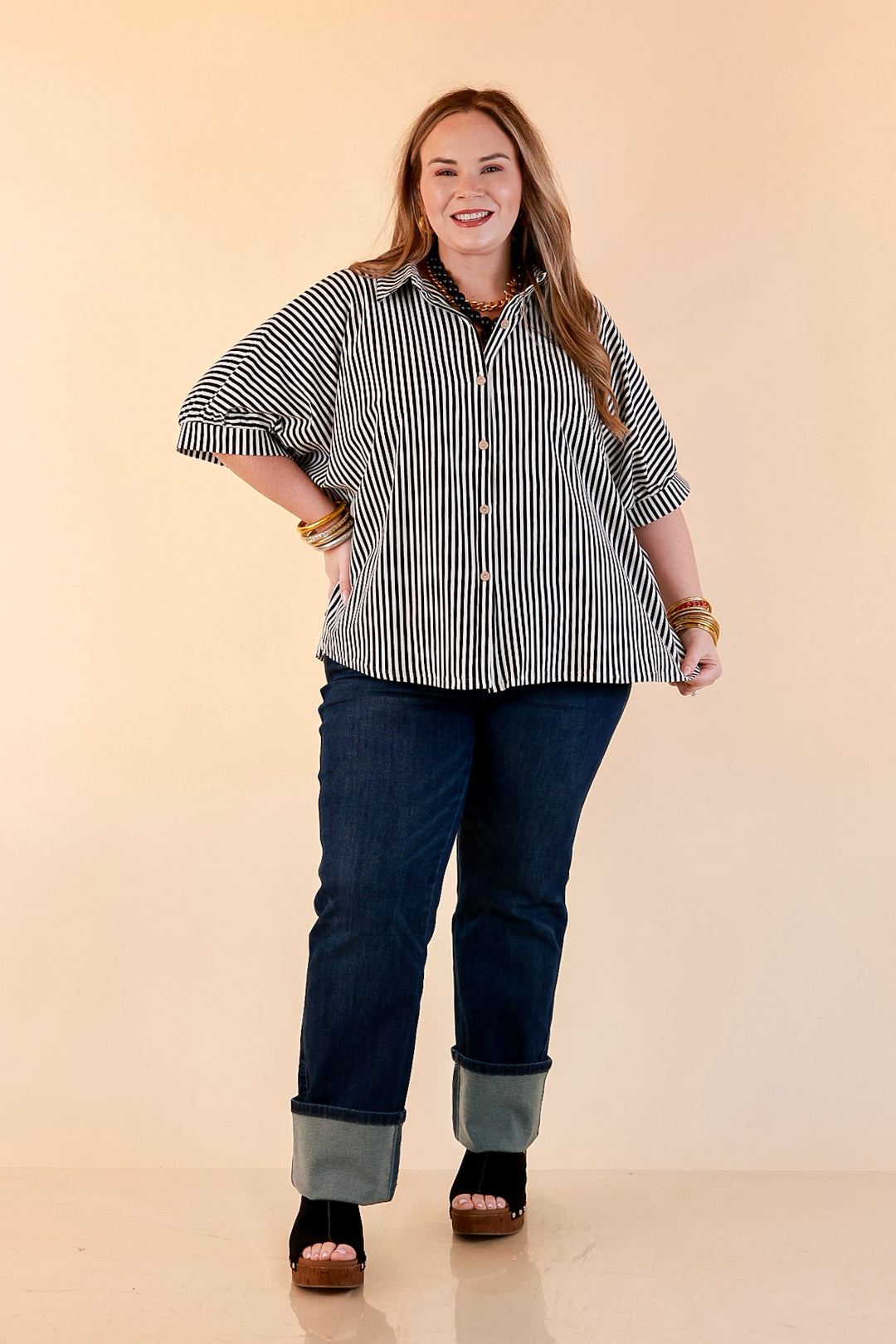 Perfectly Aligned Button Down Collared Top with Vertical Ivory Stripe Detail in Black