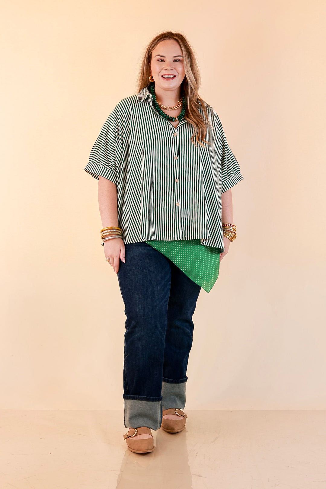 Perfectly Aligned Button Down Collared Top with Vertical Ivory Stripe Detail in Forest Green