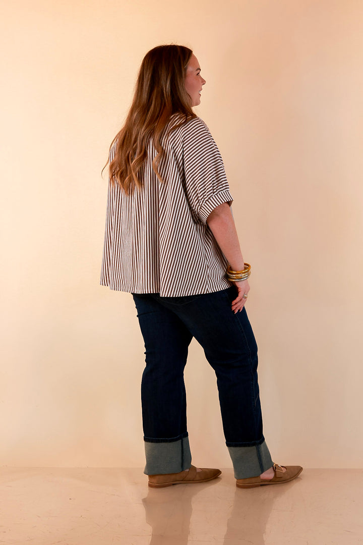 Perfectly Aligned Button Down Collared Top with Vertical Ivory Stripe Detail in Taupe Brown