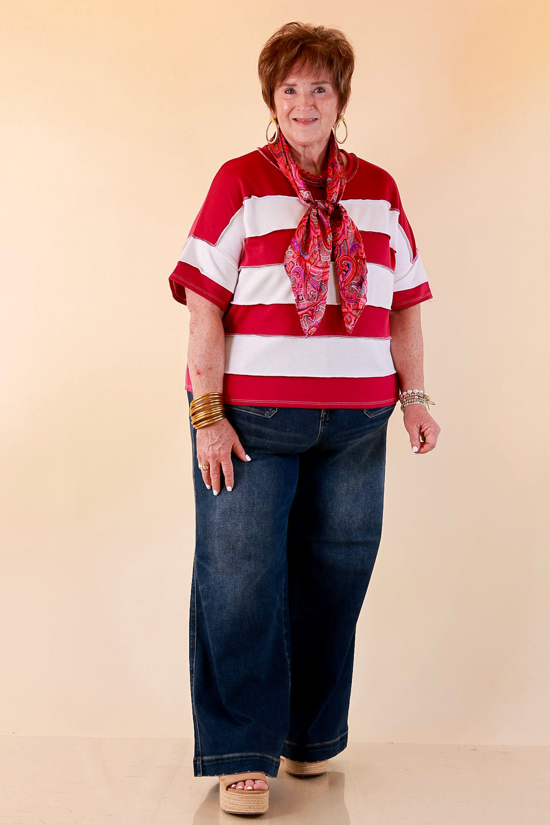 Simply Styled Color Block Rugby Style Relaxed Short Sleeve Top in Magenta Purple