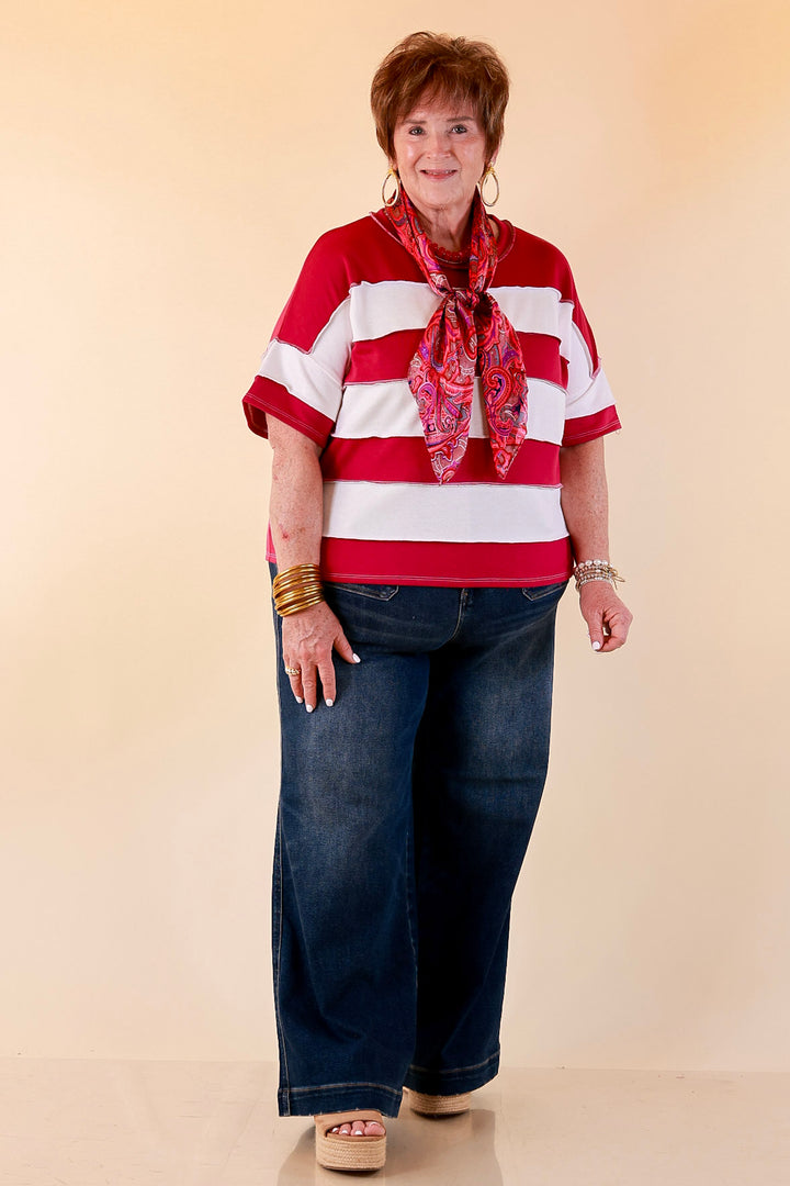 Simply Styled Color Block Rugby Style Relaxed Short Sleeve Top in Magenta Purple