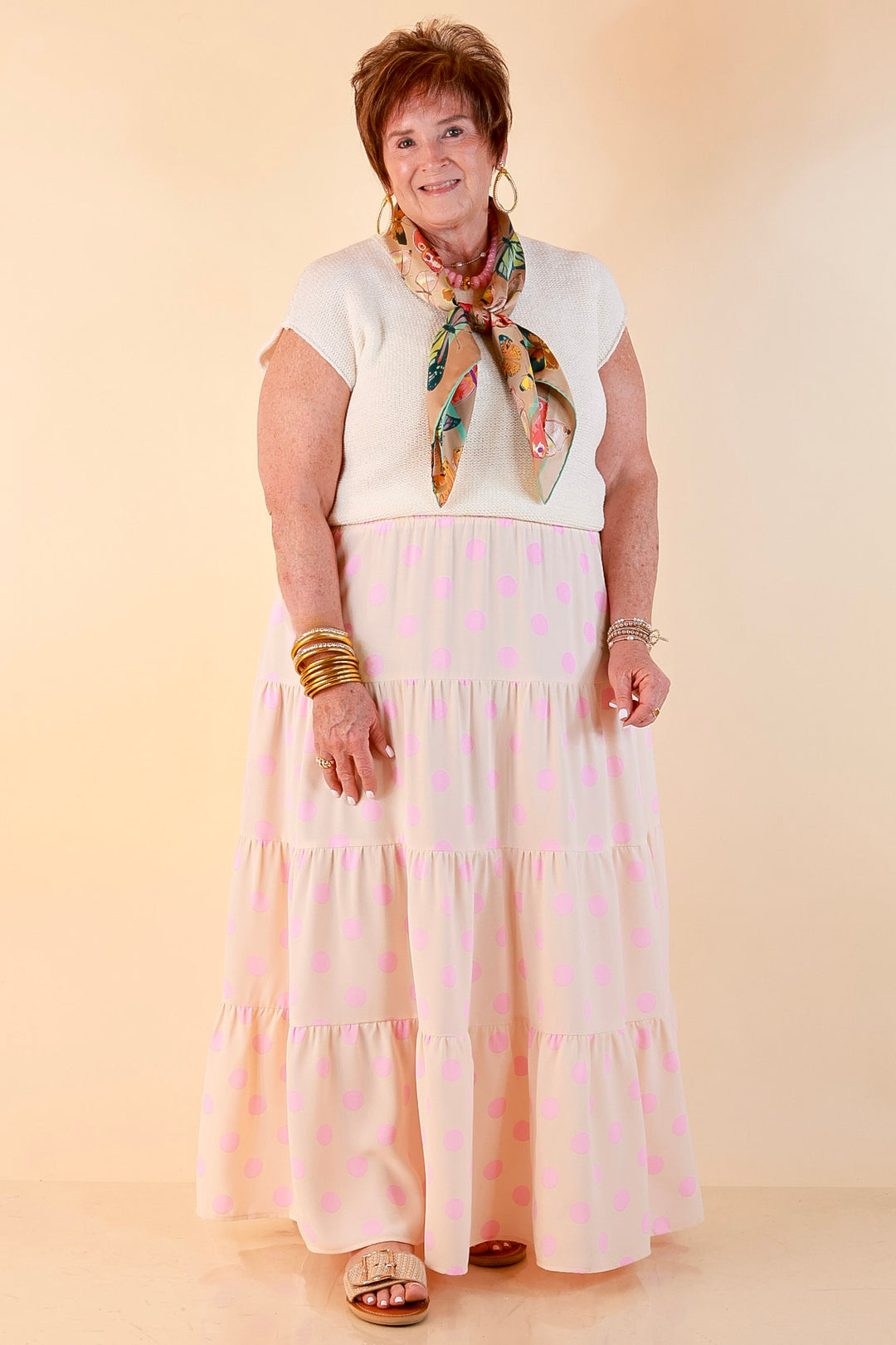 Sweet Spot Polka Dot Print Tiered Maxi Skirt with Elastic Waistband in Cream and Pink