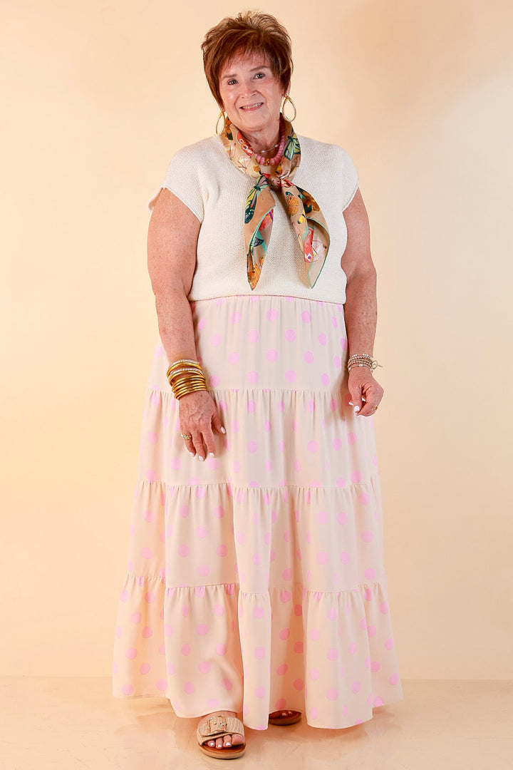 Sweet Spot Polka Dot Print Tiered Maxi Skirt with Elastic Waistband in Cream and Pink