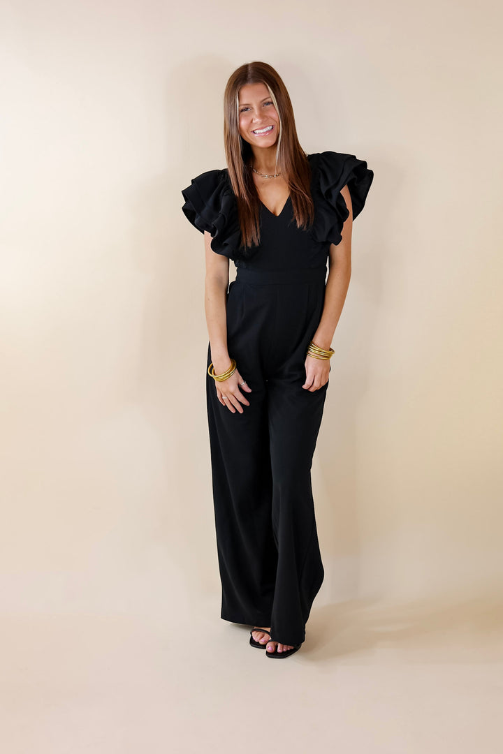 Superstar Style V Neck Jumpsuit with Ruffle Sleeves in Black - Giddy Up Glamour Boutique