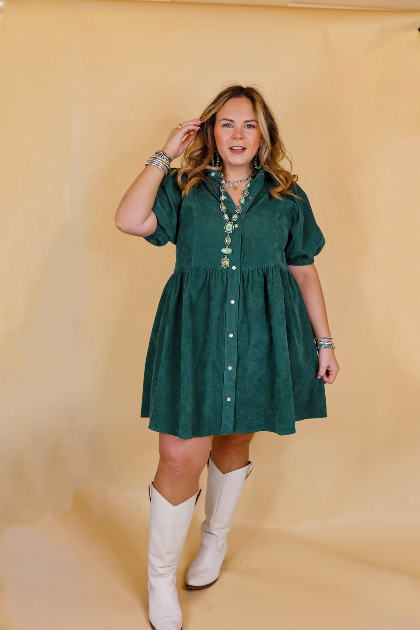Adventures Ahead Button Up Corduroy Babydoll Dress in Dusty Teal - Giddy Up Glamour Boutique