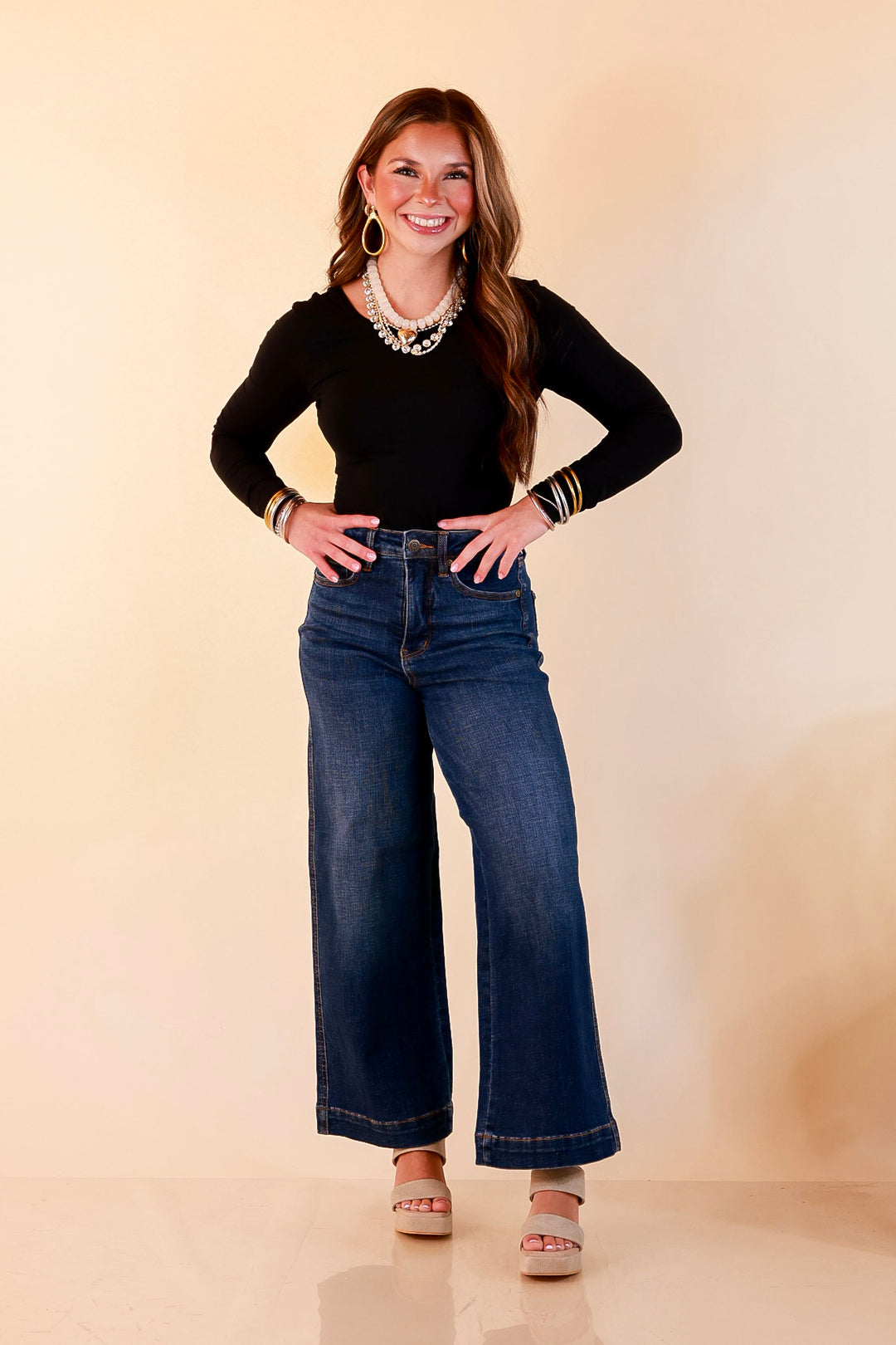 Judy Blue | Wide Open Style Ankle Length Cropped Wide Leg Tummy Control Trouser Denim Jeans in Dark Wash