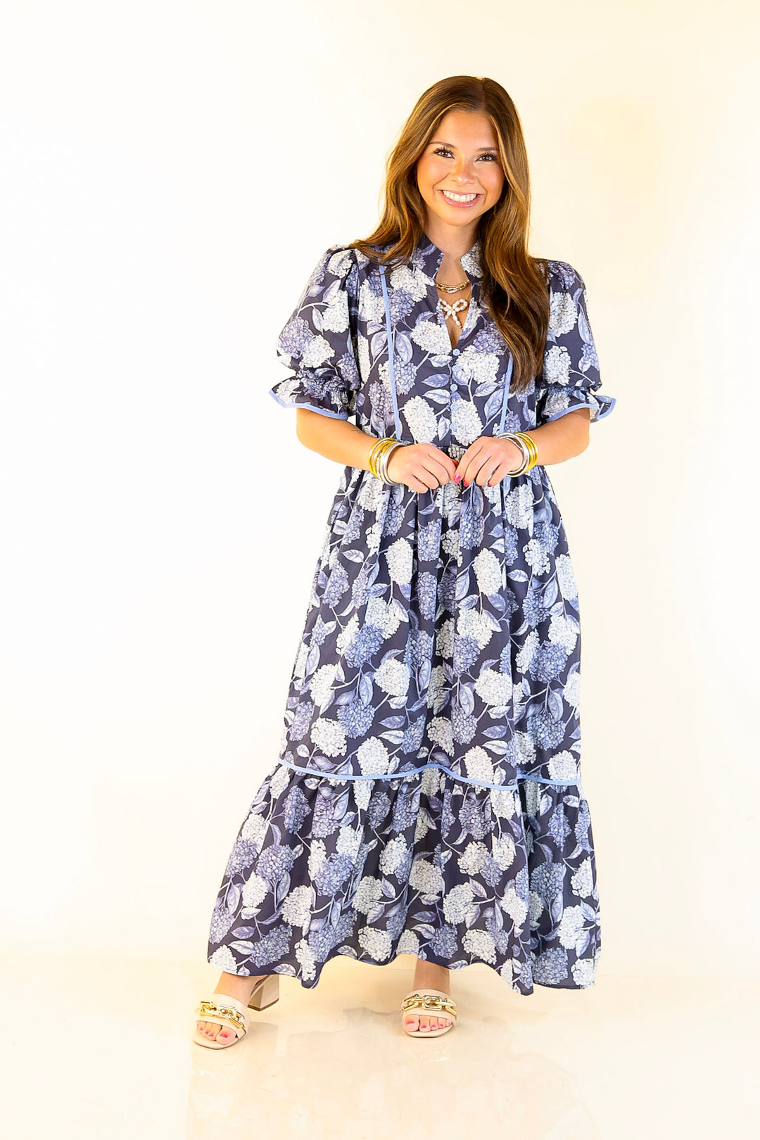 Petals & Poetry Hydrangea Floral Puff Sleeve Tiered Maxi Dress in Navy Blue