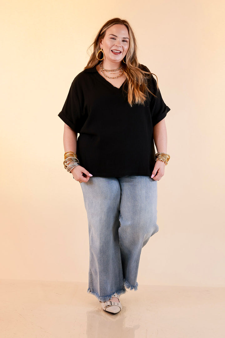 Quite Appropriate Short Sleeve Collared V Neck Linen Top with Rolled Sleeve Detail in Black