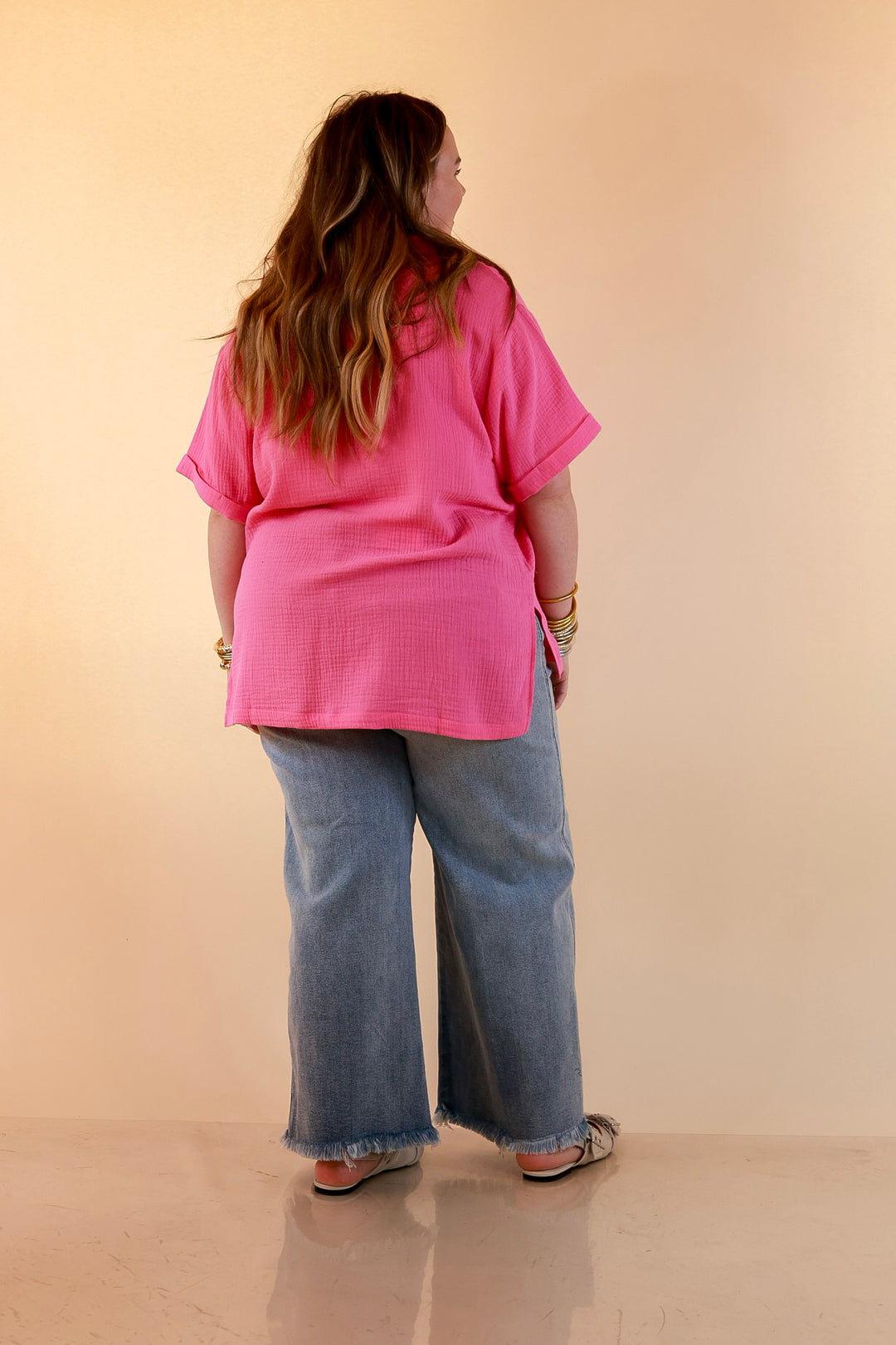 Quite Appropriate Short Sleeve Collared V Neck Linen Top with Rolled Sleeve Detail in Pink
